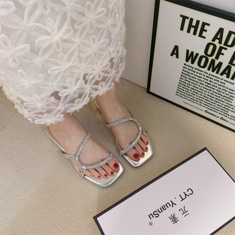 Coarse Heel Silver French Small Cool Slippers Women's Shoes Wear 2025 New Summer Fairy with Skirt Rhinestone Slippers