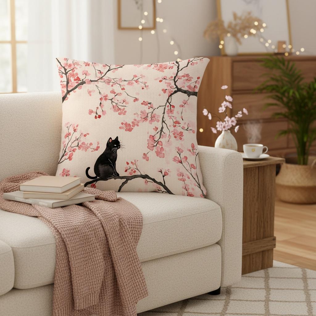 Japanese Cherry Blossom Black Cat Pillow Cover Watercolor Floral Print Oriental Sakura Cushion Case For Sofa Bed Couch Cute