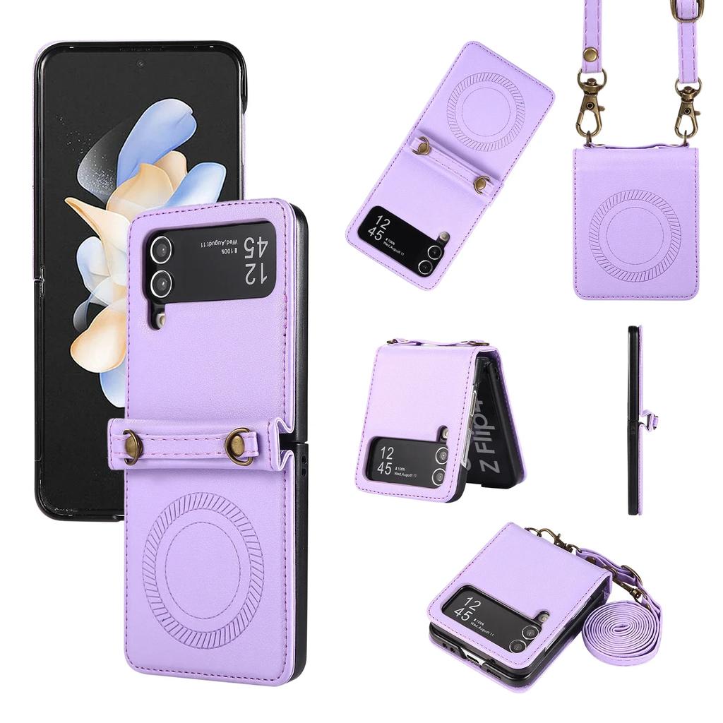 Crossbody Wireless Charge Magnetic Leather Case For Samsung Galaxy Z Flip 6 5 4 3 Flip5 Long Rope Lanyard For Magsafe Cover