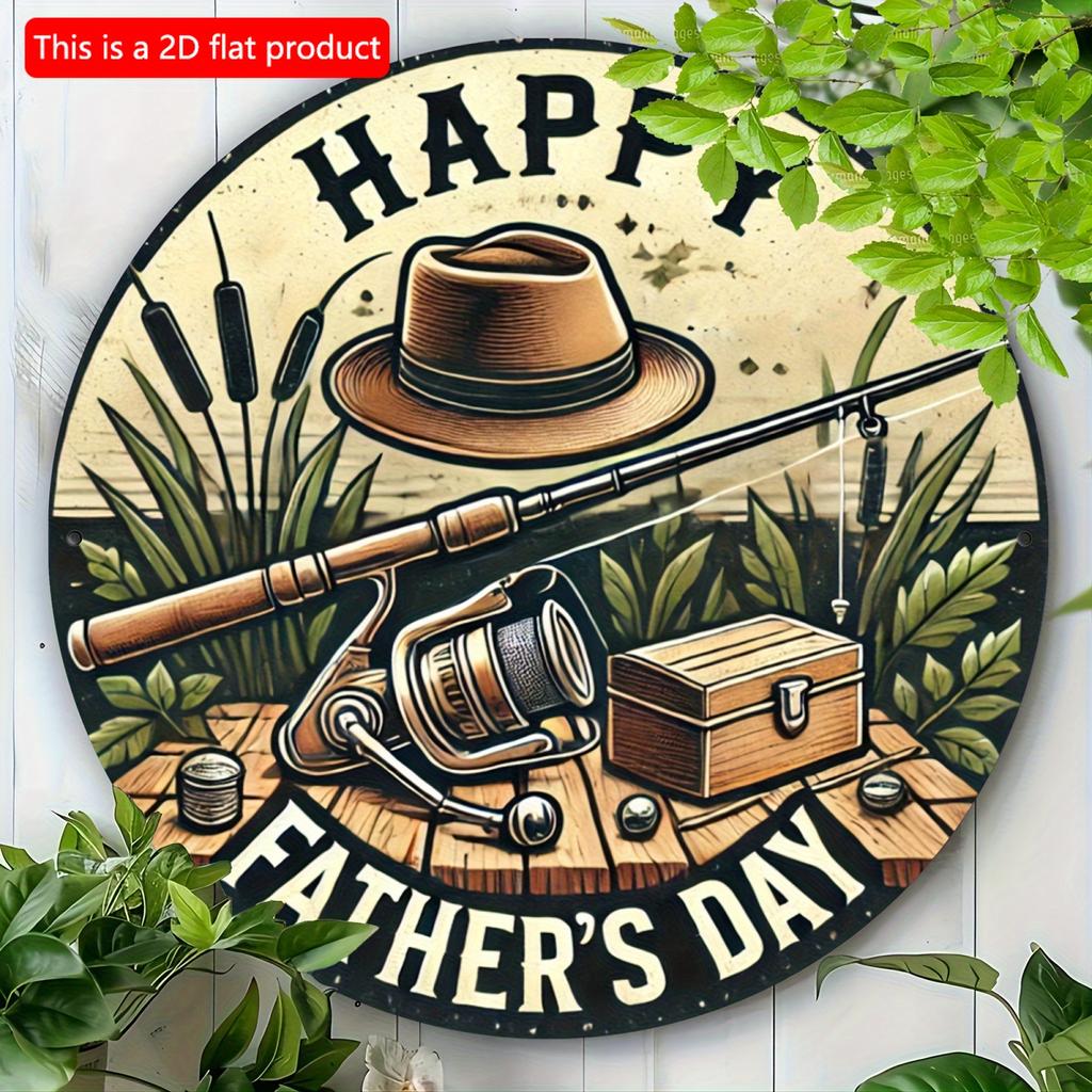 2d Flat 20*20cm, "Happy Father's Day" Round Wooden Logo Wall Art, Retro Fishing Design, Perfect Gift for Fathers on Father's Day, Decor Easy Hanging.