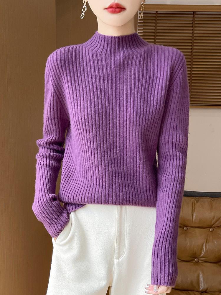 Women's Elegant Half-High Collar Wool Pullover Sweater - Autumn/Winter Cashmere Knitted Top