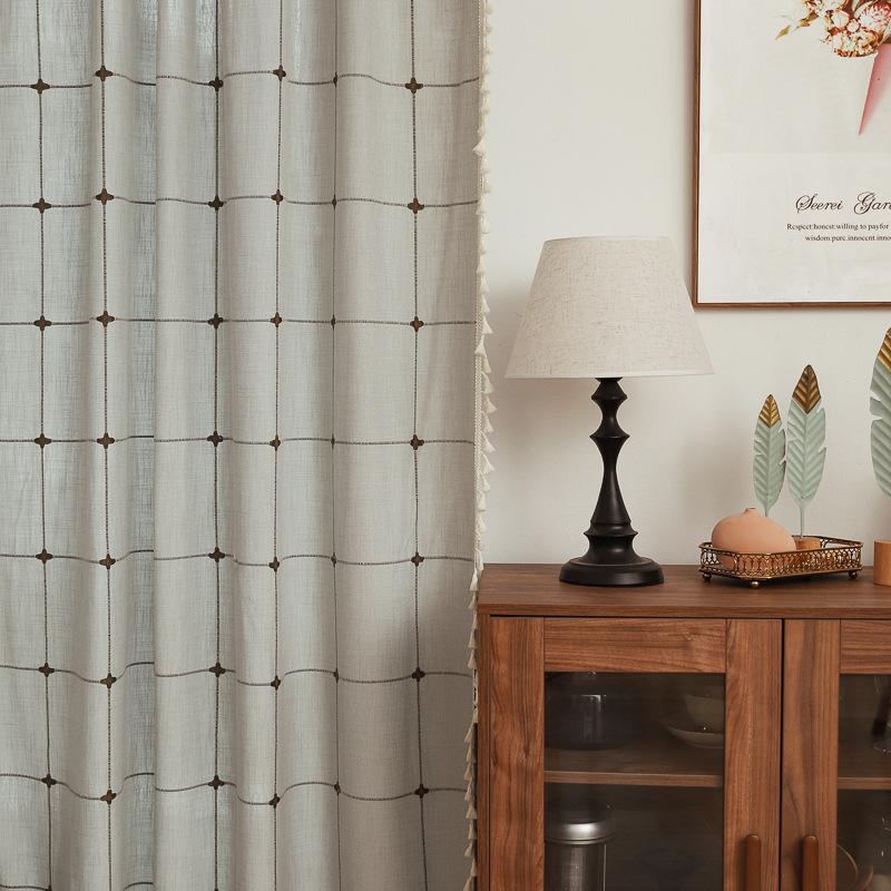 Grey Curtain Finished Product Embroidery Cotton And Linen Solid Color Plaid Coffee Insulation Living Room Kitchen Set Rod Partition Curtain