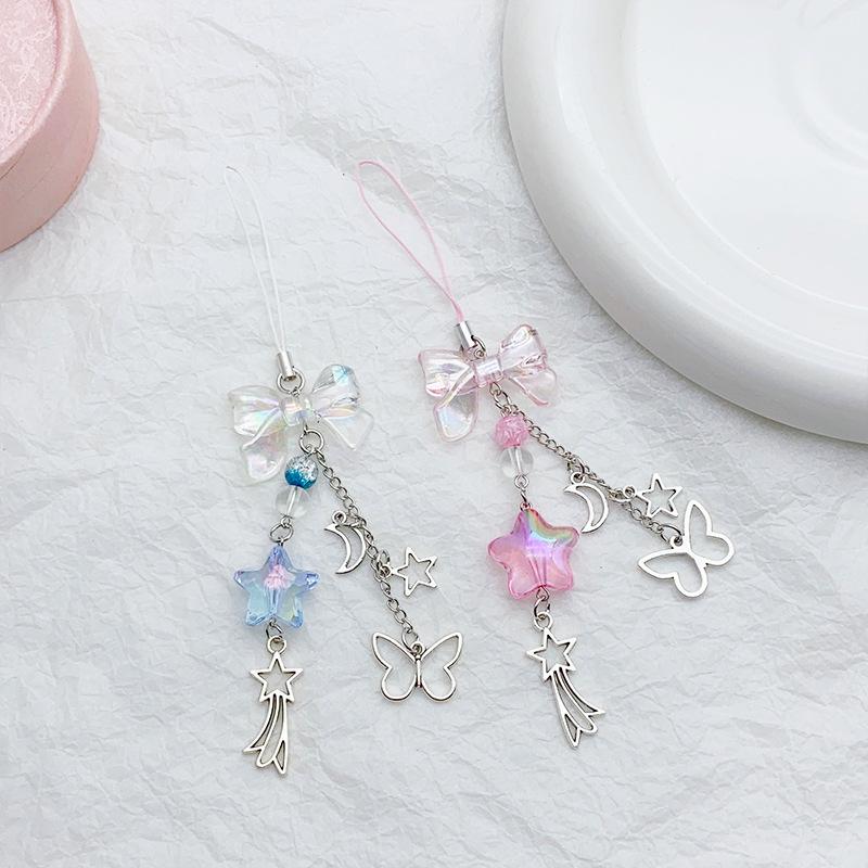 2 Stück Sommer kühl blau und rosa Quaste, Schmetterling, Stern und Mond, Laser-Schleife, Guben-Anhänger, Handy-Kette