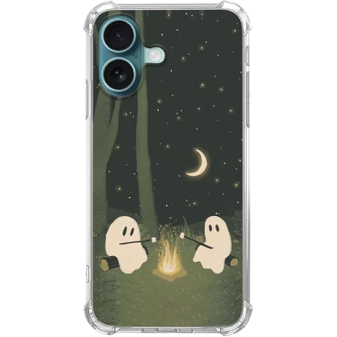 Indigo Blue Moon and Stars Phone Case Compatible with iPhone 16, Aesthetic Cloud Moon Stars Art Case for iPhone 16, Trendy Cool TPU Bumper Phone Case Green Halloween Ghosts