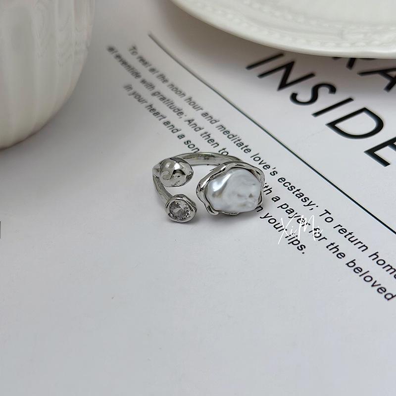 Personality Retro Baroque Imitation Pearl Zircon Adjustable Opening Rings for Women Party Statement Ring Stainless Steel Jewelry