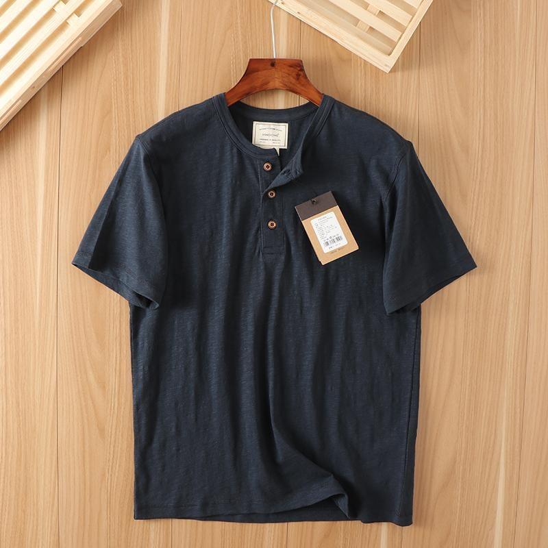 Herren Khaki Henley-Kragen Leinen Baumwolle Kurzarm T-Shirt