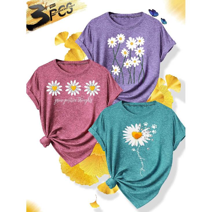 3Elegant plus-size short-sleeved outfit for sisters to attend parties T Shirt Daisy paw prints Grow Positive Printed plus-size women s casual 1XL