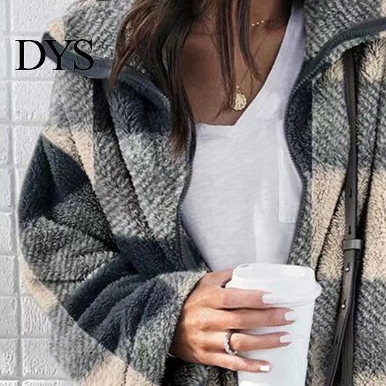 Soft Women Jacket Coat Lapel Long Sleeve Plaid Pattern Loose Fit Zipper Placket Double-Sided Plush Fabric