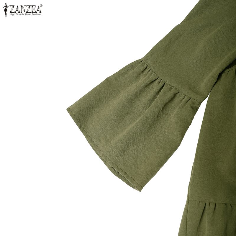 ZANZEA Rochie Casual de Vacanță pentru Femei cu Decolteu în V, Largă, cu Mâneci Lungi Cloș