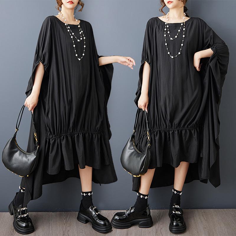 Summer Loose Fit Pleated Batwing Shirt Dress
