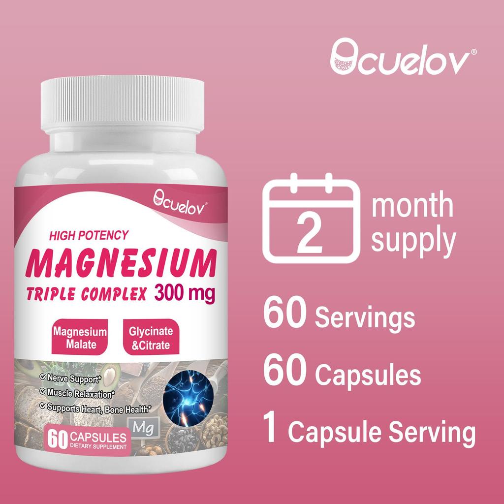 Magnesium Complex Supplement 300 mg - 3-in-1 High-Absorption Chelated Magnesium 60 Capsules