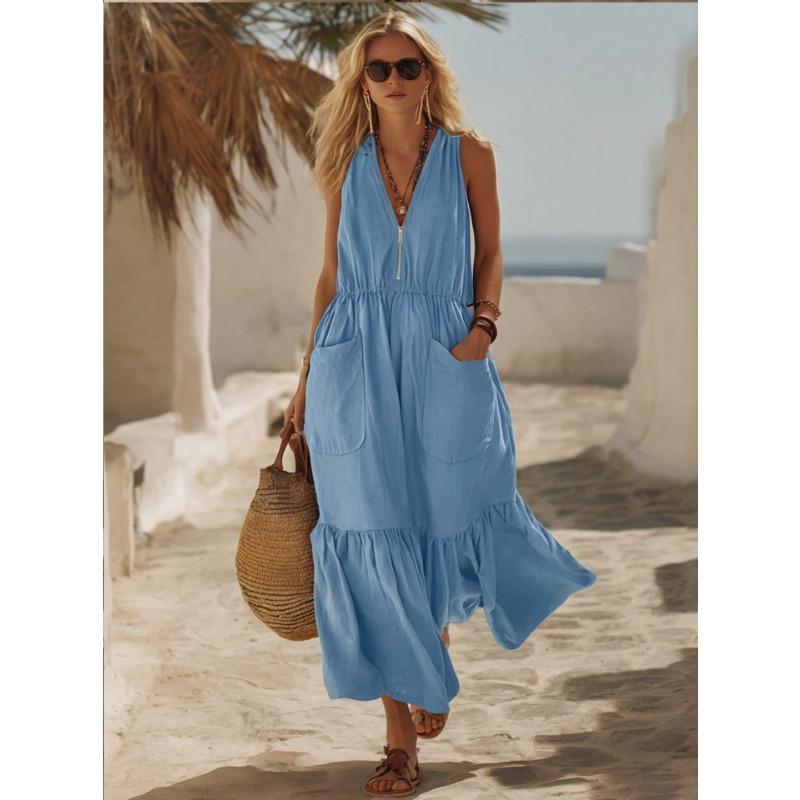 V-Ausschnitt Ärmelloses A-Linien-Langes Kleid Mit Taschen Vintage Strandurlaub