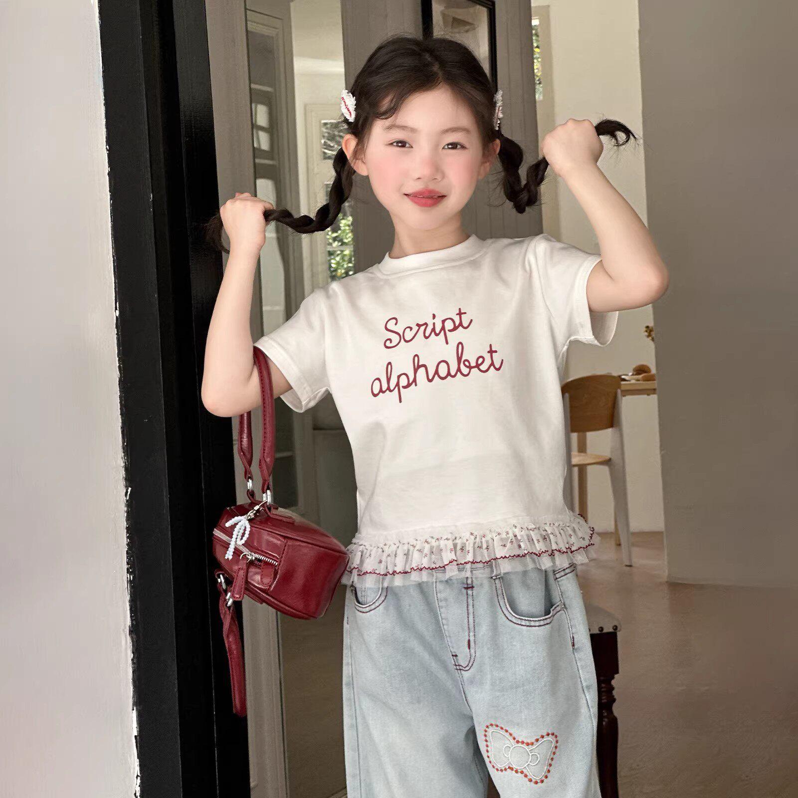 Girls Summer Korean Style Letter Print Lace Trim Short Sleeve Sweet Versatile T-shirt 140 cm белый