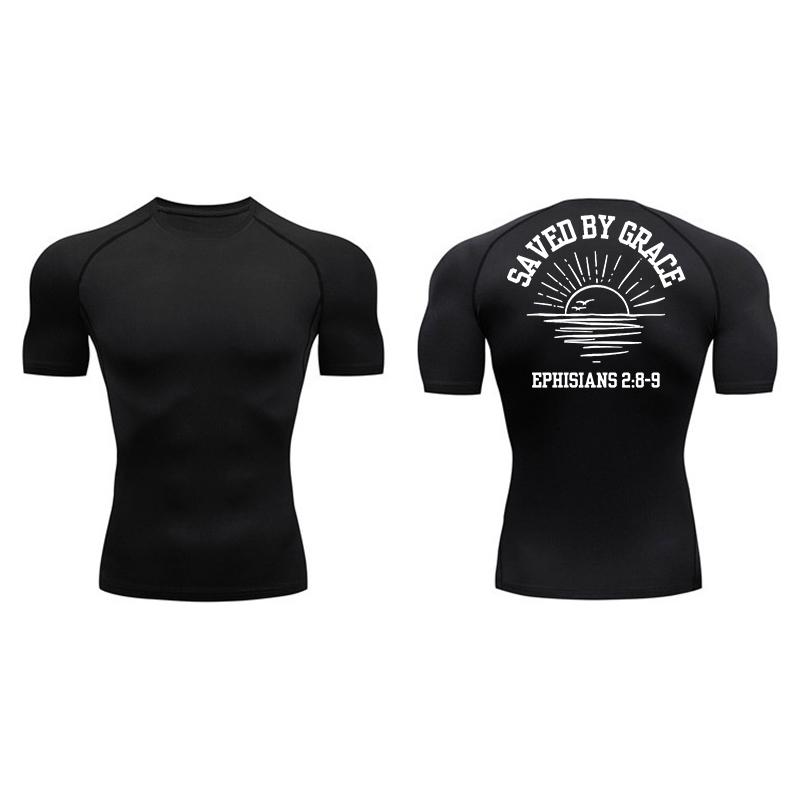 Cross Print Compression Shirt for Men Athletic Quick Dry Short Sleeve Tops Baselayer Christian Gym Workout Running T-shirts Tees