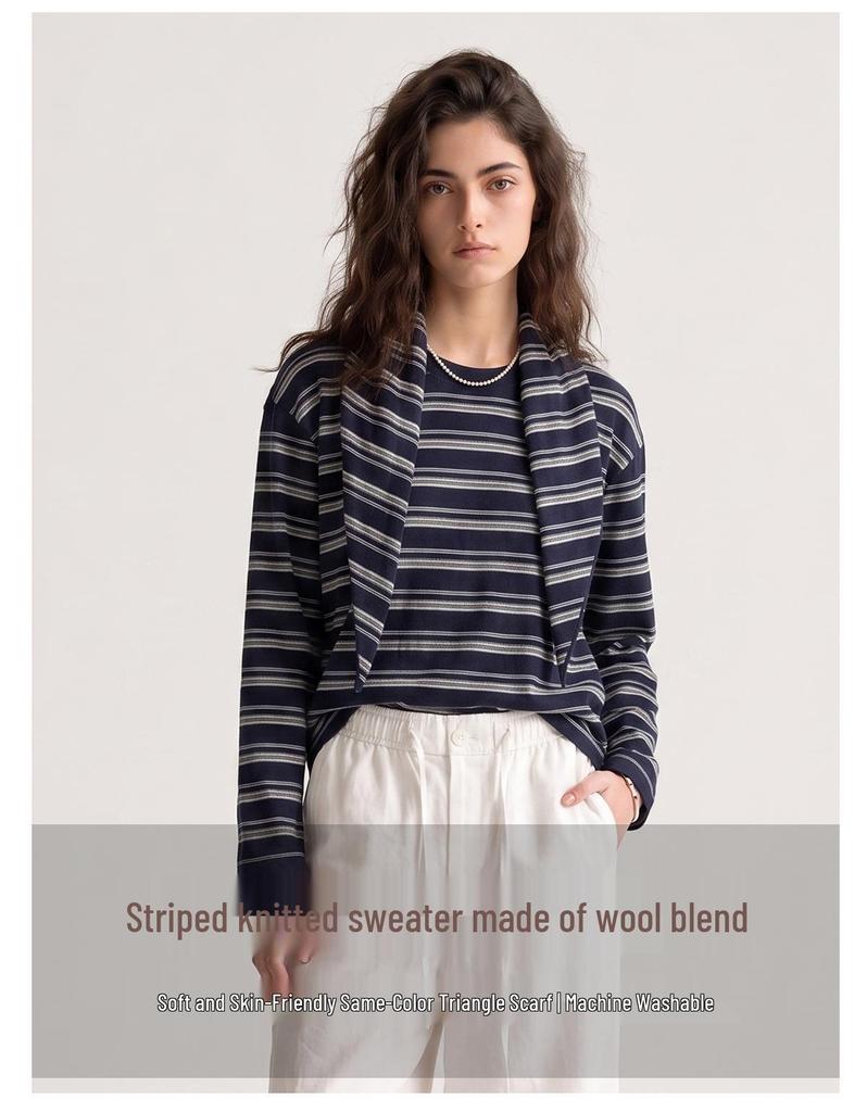 Women's Lightweight Striped Wool Pullover Sweater & Scarf Set - Anti-static, Machine Washable