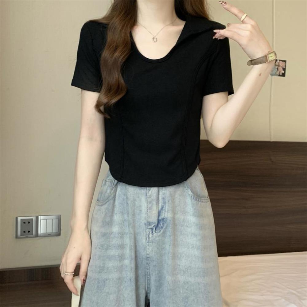 V-neck Short Sleeve T Shirt Pullover Flip Neck Blouses Fashion Y2k Crop Tops Women  Woman