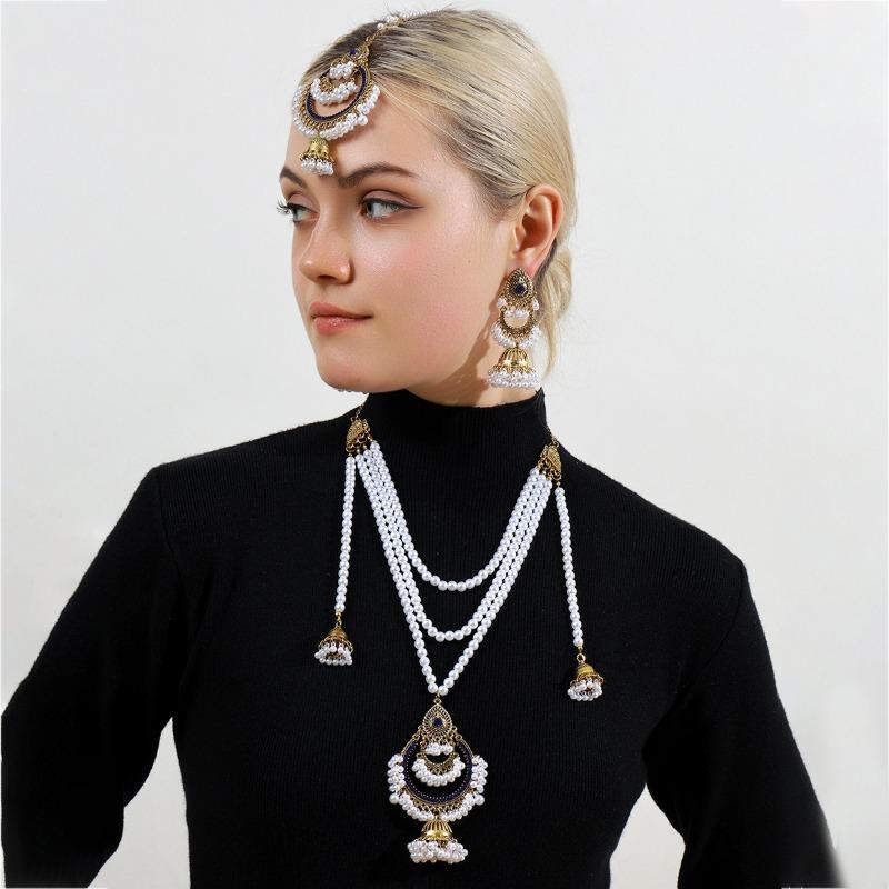 Multi-layer Pearl EarringsNecklaces Hair Chain SetsHigh-end Retro Ethnic Style Accessories