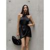 Fashion Style Satin Asymmetrical Sexy Halter Dress Sexy Hanging Neck Black Dress