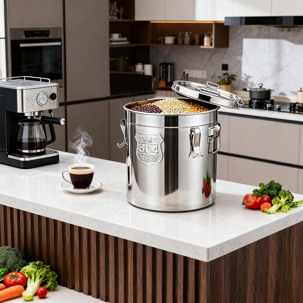 Practical Nonrust Steel Airtight Kitchen Storage Bucket Removable Lid Easy To Cleaning Food Preservations Container