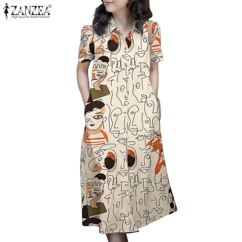 ZANZEA Women Casual Turn Down Collar Short Sleeve Print Dress