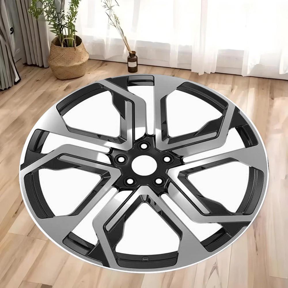 

Car Wheel Rim Design Carpet Mat Anti-Slip Backing Rug Metallic Silver Blue Accent for Modern Home Decoration Industrial 3D Rim 40x40cm