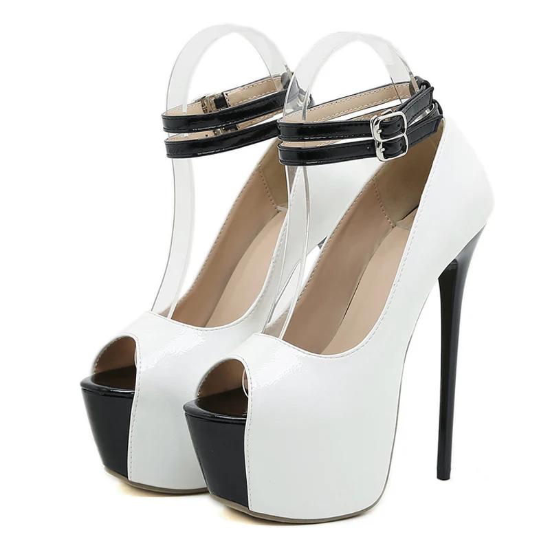 Sandali Piattaforma con Cinturino a Doppia Fibbia Design alla Moda Donna Décolleté Sexy Punta Aperta Tacchi Super Alti 16CM Scarpe da Stripper Bianco