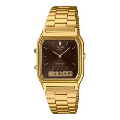 Montre unisexe analogique numérique vintage en acier inoxydable doré avec cadran marron AQ-230GA-5A