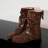 Cowhide Edition~ Retro Splicing Suede Boxing Boots Women's Fashion Niche Belt Buckle Lace Back Zipper Martin Boots