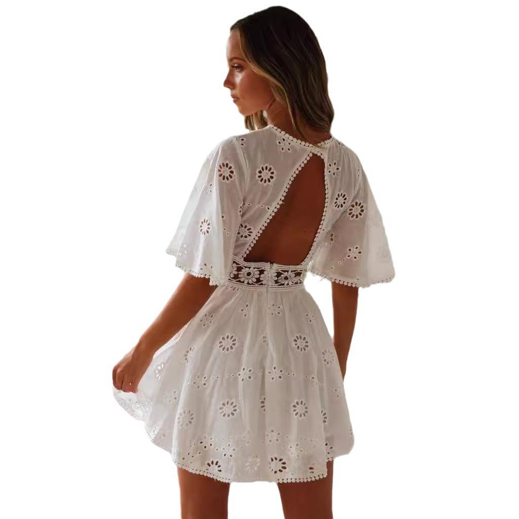 Summer new sexy backless hollow tassel imitation cotton dress for women