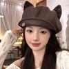 Tide Cartoon Cute Niche Cloud Cat Ears Small Hat Beret Female Painter Showing Face Pu Leather Literary and Retro Quality