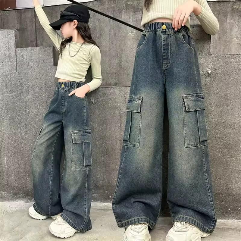 Girls Cargo Demin Pants Kids Casual Loose Wide-legged Jeans Teenagers Fashion Streetwear Baggy Trousers Children Clothes 5-12Y