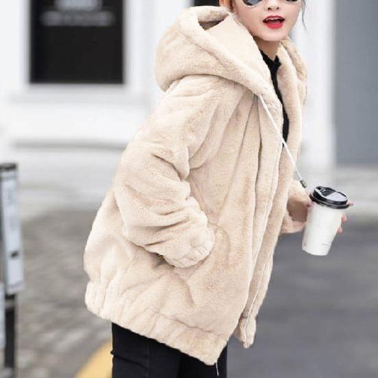 Fall Winter Women Jacket Thick Plush Solid Color Hooded Warm Windproof Soft