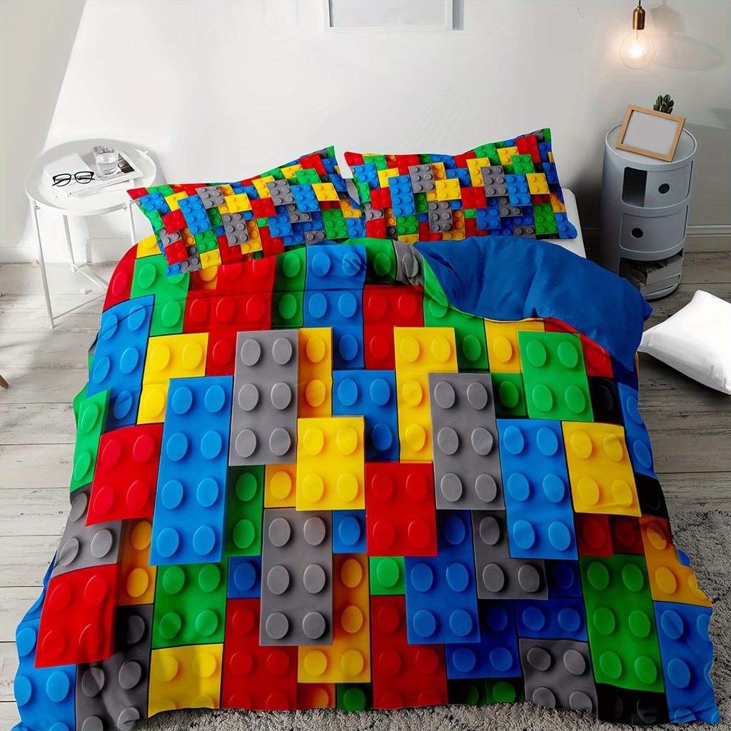 Modern Duvet Cover Set Building Blocks Print Washable Polyester Bedding Set Soft Comfortable And Breathable Duvet Cover