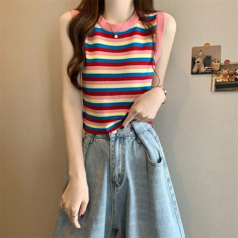 Women's Dopamine Rainbow Stripe Camisole Knit Top Summer Gorgeous Beautiful High-end Sleeveless Small Vest Outer Wear
