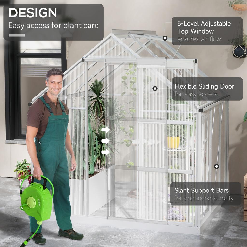 6 X 6ft Walk-In Greenhouse, Polycarbonate Greenhouse with Sliding Door, Window, Aluminium Frame, Foundation, Silver
