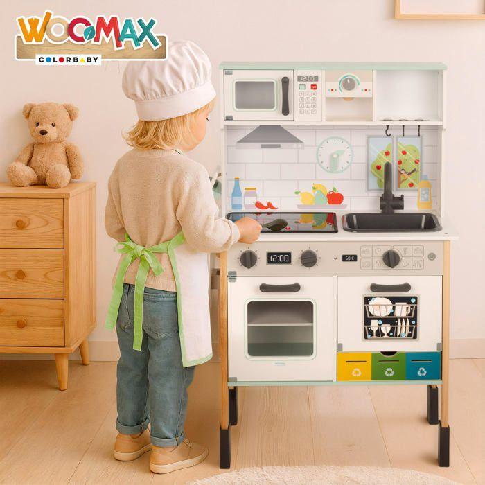Cuisinière en bois pour enfants - WOOMAX - 60x30x97 cm - Lumière et son - Four et micro-ondes - Évier avec robinet