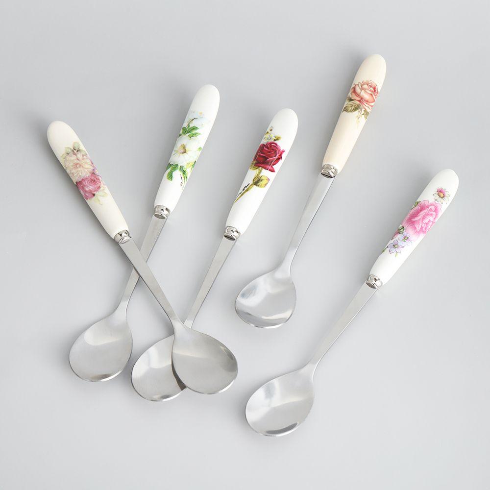 Home & Living Stainless Steel Rose Flowers Coffee Spoon TeaSpoon Kitchen & Dining Dessert Scoop
