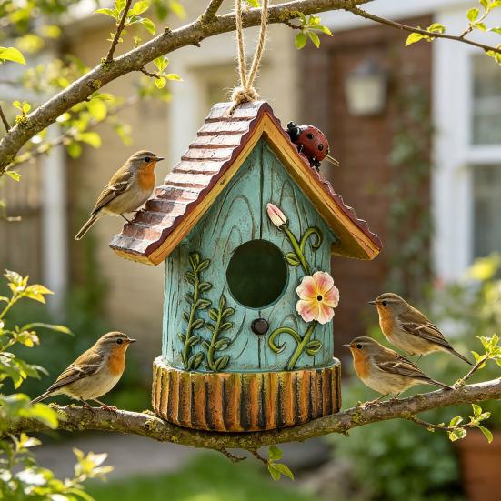 Garden Bird House Spacious Hole Hand-Painted Birdhouse Resin Waterproof Outdoor Hanging Birdhouse Sunproof for Bluebird Hummingbird Finch Cardinals