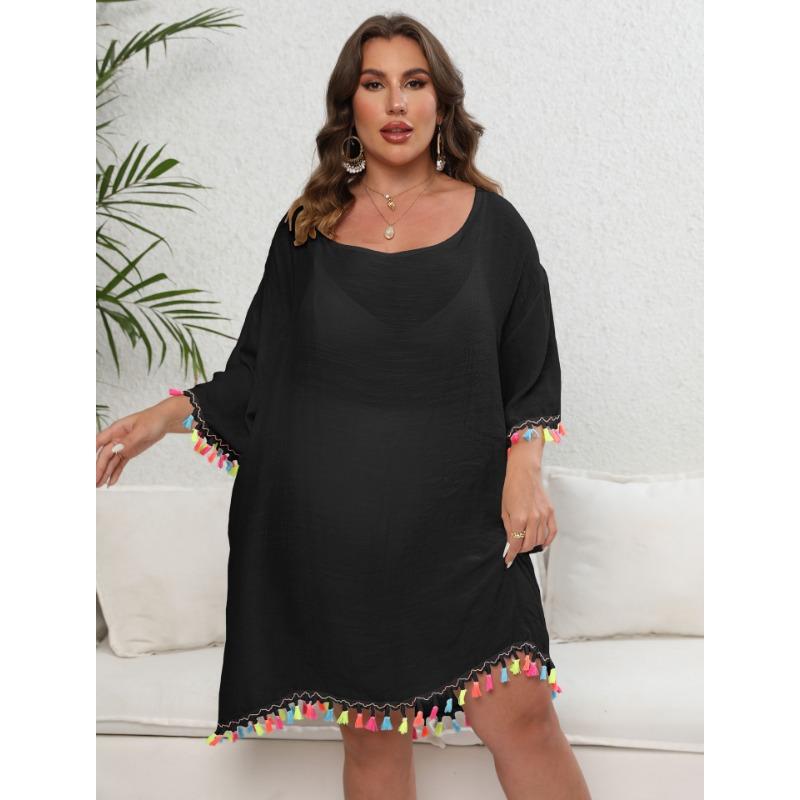 Damen-Cover-Ups-Kleid, Übergröße, Quaste, Spleißen, Ein-Ausschnitt, sexy, rückenfrei, Strand-Badebekleidung, Cover-Ups