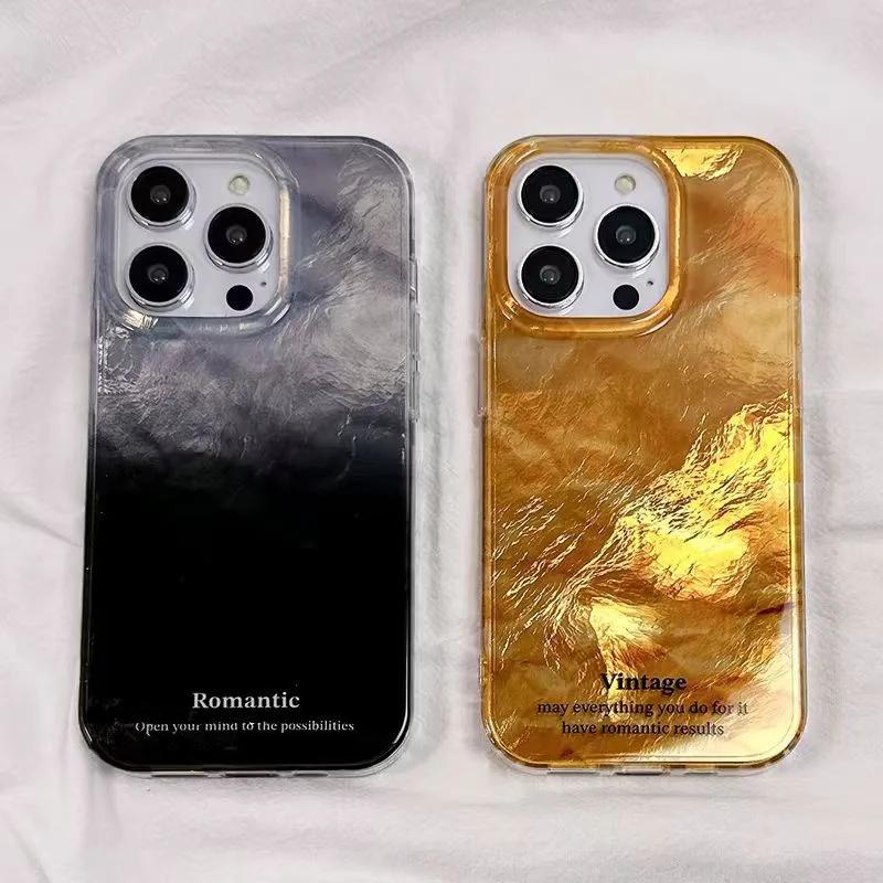 Golden Gradient Tinfoil Texture Phone Case for IPhone 16 14 15 11 12 13 Pro Max 7 8 Plus SE  XR X XS Couple Shockproof Cover