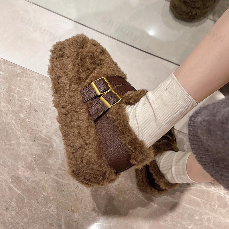 Autumn Winter Women's Cotton Shoes 2026 Fashion Plush Warm Retro Casual Shoes Outdoor Non Slip Flat Shoes Buckle Zapatos Mujer