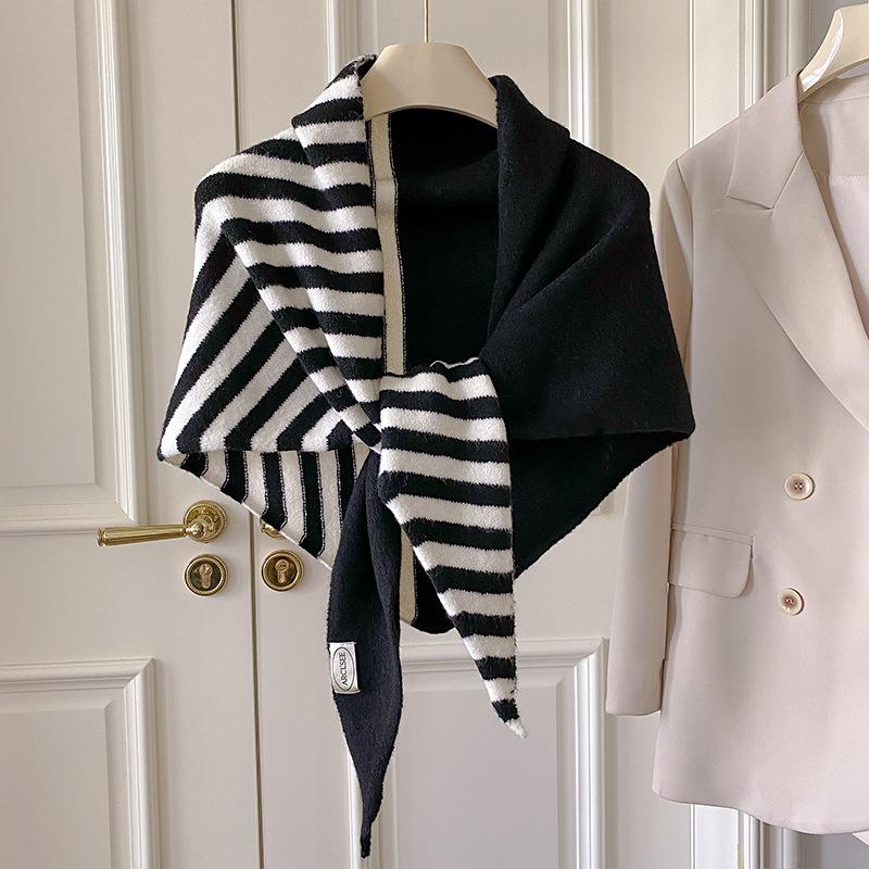 

Fashion Women S Wool Blend Knitted Striped Triangle Scarf Winter Warm Shawl Blanket Bandana Versatile Ladies Wool Scarves One Size