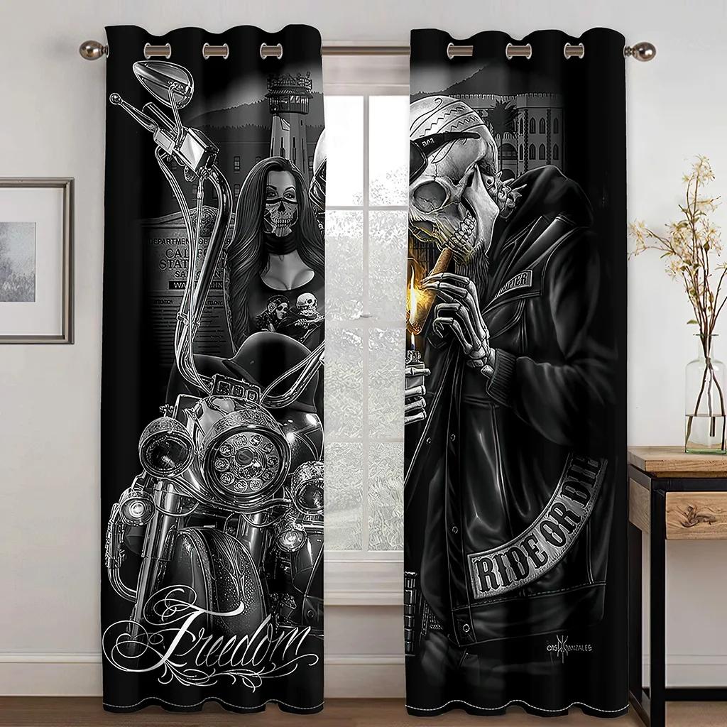 Cortinas Decorativas de Halloween 3D para Ventana de Sala de Estar, Dormitorio, Balcón con Diseño de Calavera Negra Masculina, 2 Paneles