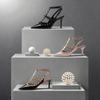 Fashion Beige High Heels Comfortable High-Heeled Shoes Roman Style Slip On Navy Blue Pumps All-Match Rivets Patent Leather Sandals Ladie