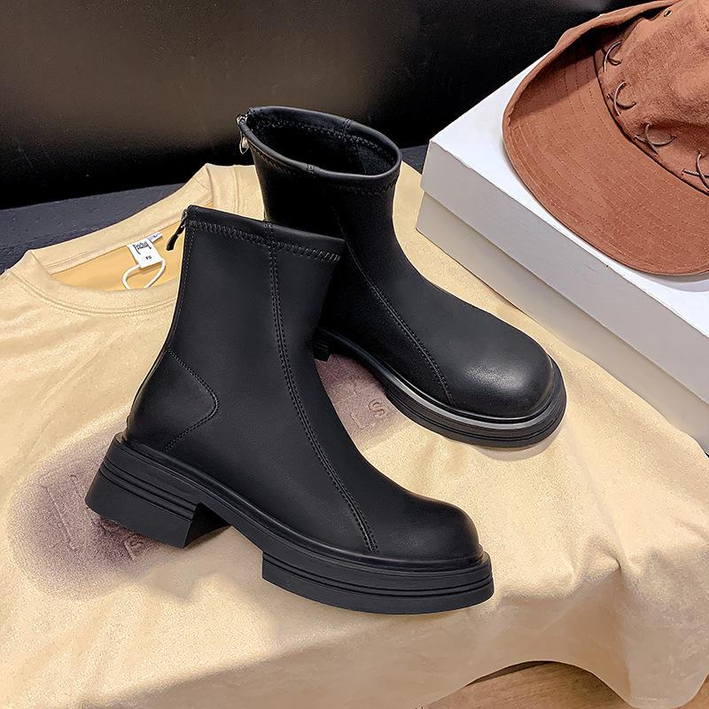 New thick-soled elastic thin boots single boots women's Martin boots leather British style retro round head brown velvet short boots