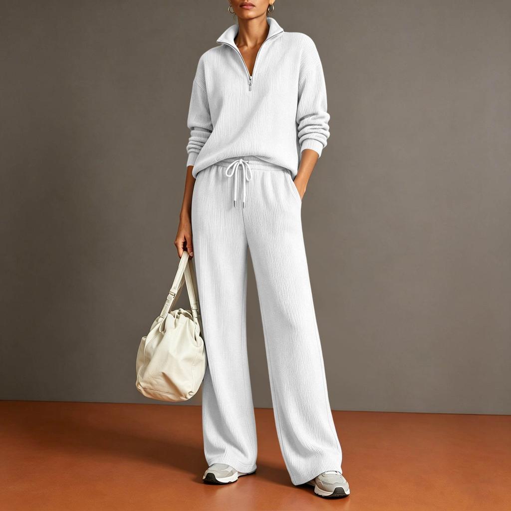 Women's Casual Half Zip Pullover Sweater and Wide Leg Pants Two Piece Set Lightweight Knit Loungewear Tracksuit for Everyday Wear