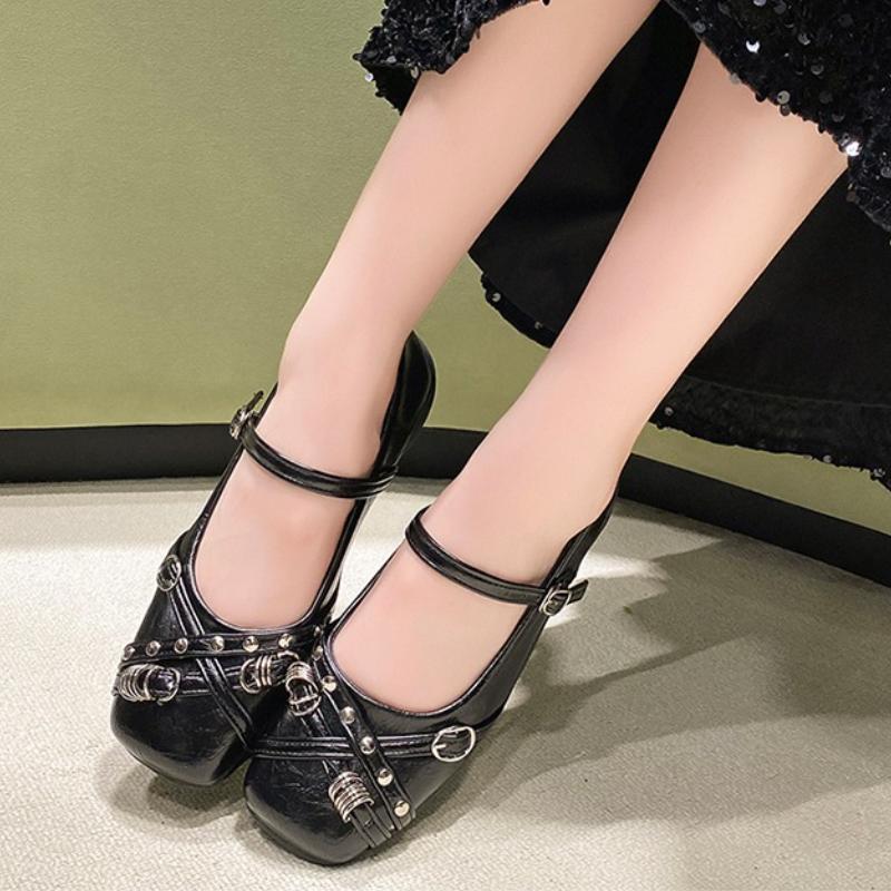 Fashion Low Heel Single Shoes Women's Square Toe Shallow Mouth Metal Buckle One Slip Anti-Slip Wear-Resistant Low Top Shoes