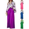 Damen 2-teiliges Outfit Blumendruck Langarm Hemd mit Knöpfen und High Waist Weitbeinige Hosen Set Frühling Sommer Lässiges Lounge Set