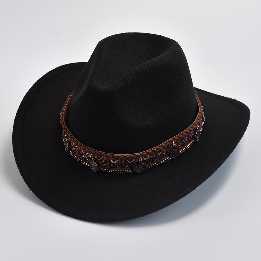 Unisex Winter Autumn Imitation Wool Felt Hat Vintage Western Cowboy Cowgirl Jazz Cap With Belt