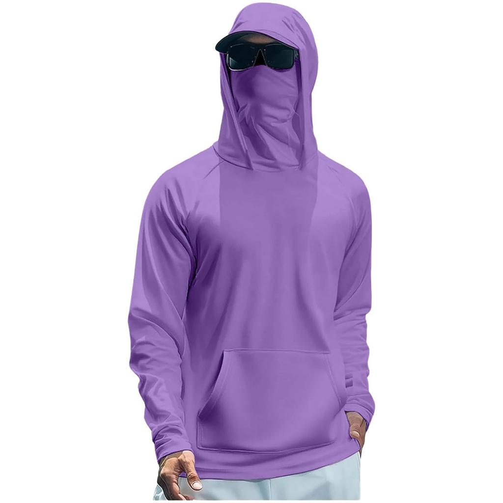 Lightweight Long Sleeve Hooded Shirt with Integrated Face Cover Sun Loose Fit Guard Pullover Top for Outdoor Activities